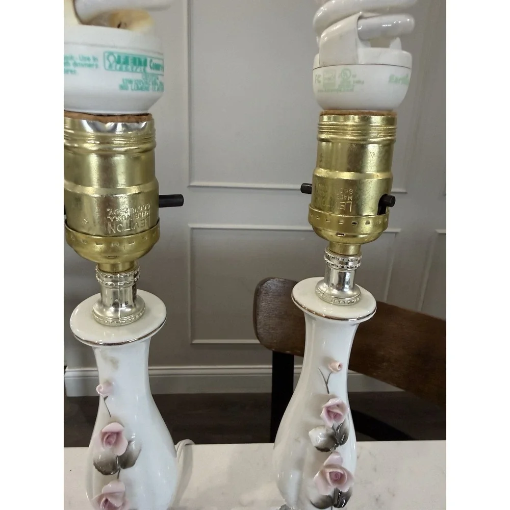 Vintage Porcelain Boudoir Lamps (2) Marble Base Roses Green Pink White Gold 50's